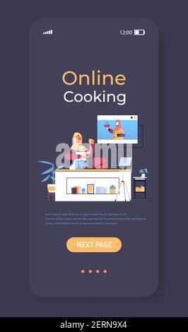 arab donna cibo blogger preparazione ragazza piatto guardare video tutorial con chef femminile in web browser finestra online cucina concetto illustrazione vettoriale verticale dello spazio di copia Illustrazione Vettoriale