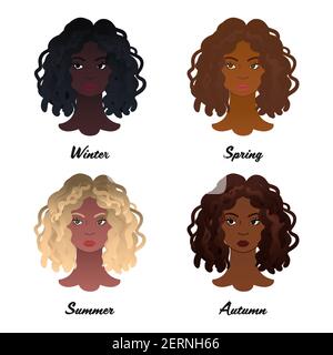 12 colori stagionali. Quattro tipi di colore di apparenze femminili africane. Inverno, Primavera, Estate e Autunno - insieme di teste di donna isolate vettoriali con Be Illustrazione Vettoriale
