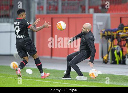 Leverkusen, Germania. 25 febbraio 2021. Allenatore Peter BOSZ (LEV) scivola mentre dà la palla a Leon BAILEY (LEV), scivola, inciampare, calcio d'autunno Europa League, round di 32 ritorno partita, Bayer 04 Leverkusen (LEV) - Young Boys Bern, su 02.25.2021 a Leverkusen/Germania. Â | utilizzo in tutto il mondo Credit: dpa/Alamy Live News Foto Stock