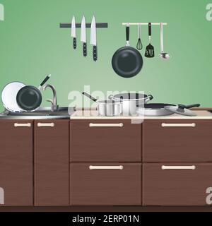 Cucina marrone mobili con realistici utensili culinari su sfondo verde illustrazione vettoriale 3d Illustrazione Vettoriale