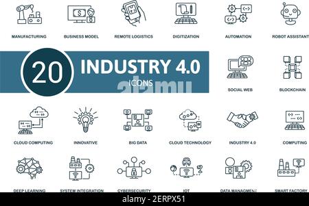 Set di icone Industry 4.0. Contiene icone modificabili, ad 4.0 esempio automazione, elaborazione, digitalizzazione e altro ancora. Illustrazione Vettoriale