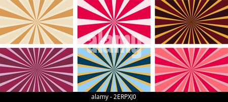 Sfondo Sunburst Happy retro in rosa, rosso scuro, marrone, blu, teal, ivory per la stampa di texture e l'uso online del web Illustrazione Vettoriale