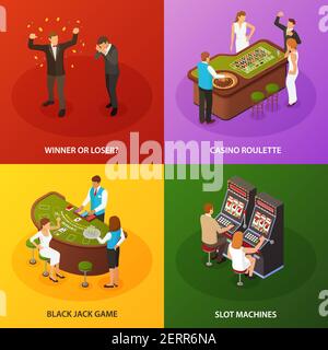 Casino slot Machines roulette black jack game 4 sfondo colorato icone isometriche concetto insieme di illustrazione vettoriale isometrica Illustrazione Vettoriale