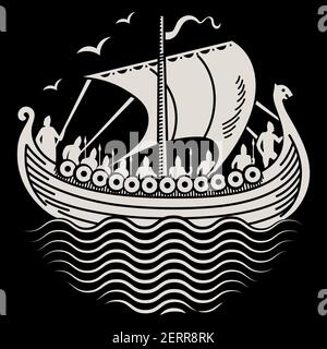 Design vichingo. Drakkar vela in un mare tempestoso. Disegno in stile Old Norse, isolato su nero, illustrazione vettoriale Illustrazione Vettoriale