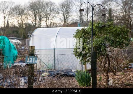 Cardiff, Galles. 22 Febbraio 2021. Nella foto è raffigurata la Pontcana Permanent Allotments. Regno Unito Meteo. Spazi verdi gallesi Foto Stock