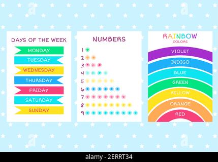 Scopri i nomi dei colori dell'arcobaleno, i giorni della settimana e i numeri. Set di poster didattici. Carta per bambini. Raccolta di carine schede di formazione. Ve Illustrazione Vettoriale