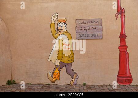 VAUX, FRANCIA, 24 febbraio 2021 : il villaggio fu fonte di ispirazione per il romanzo 'Clochemerle' nel 1937, pubblicato anche in un'edizione illustrata da A. Foto Stock