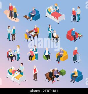 Persone anziane che allattano residenti casa icone isometriche insieme con medico cura attività fisiche assistenza tempo libero vettore illustrazione Illustrazione Vettoriale