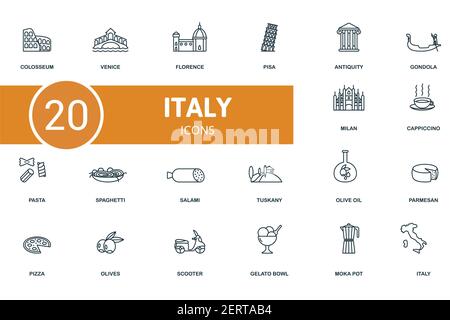 Set di icone Italia. Contiene icone modificabili tema italia come venezia, pisa, gondola e molto altro ancora. Illustrazione Vettoriale