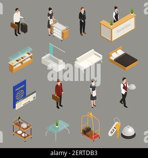 Il servizio dell'hotel e il personale turistico con i mobili dei bagagli icone isometriche isolato su sfondo grigio illustrazione vettoriale Illustrazione Vettoriale