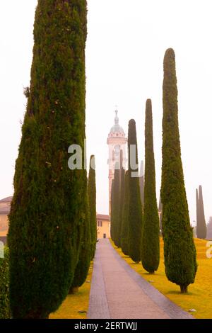 Passerella con cipresso e Parrocchia di Sant'Abbondio a Montagnola in Ticino, Svizzera. Foto Stock