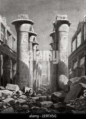 La grande sala ipostile nel complesso del tempio di Karnak ad Amon-Re, Tebe Antica, Egitto nel XIX secolo. Africa. Antica illustrazione incisa del XIX secolo, El Mundo Ilustrado 1881 Foto Stock