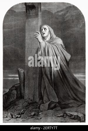 Maria piange per Gesù, Mater dolorosa. Antica illustrazione incisa del XIX secolo, El Mundo Ilustrado 1881 Foto Stock