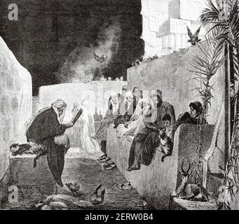 Lettura di Corano in un tempio pagano, Egitto nel XIX secolo. Africa. Antica illustrazione incisa del XIX secolo, El Mundo Ilustrado 1881 Foto Stock