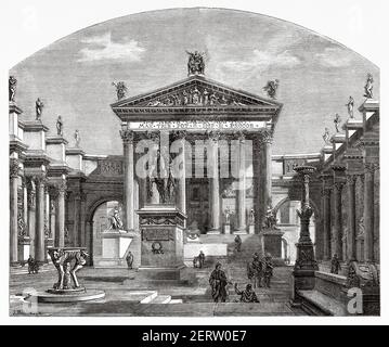 Ricostruzione Tempio di Minerva, Foro di Nerva, fori Imperiali. Roma, antico impero romano. Italia, Europa. Antica illustrazione incisa del XIX secolo, El Mundo Ilustrado 1881 Foto Stock