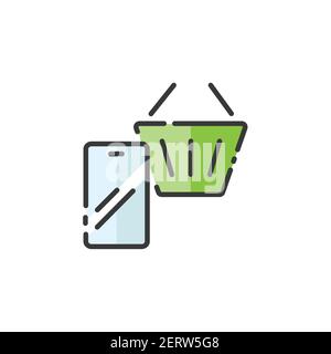 Negozio online. Pagamento mobile. Smartphone e carrello. Icona a colori piena. Illustrazione del vettore commerciale isolato Illustrazione Vettoriale