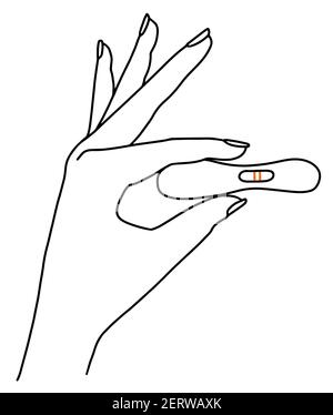 Donna mano che tiene il test di gravidanza con risultato positivo a due strisce. Illustrazione vettoriale in stile doodle Black Line Illustrazione Vettoriale