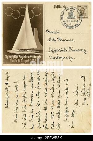 German Historical cartolina postale: XI Giochi Olimpici Estivi 1936 a Berlino, sport acquatici, città Kiel, yacht, cancellazione speciale, Germania, Terzo Reich Foto Stock