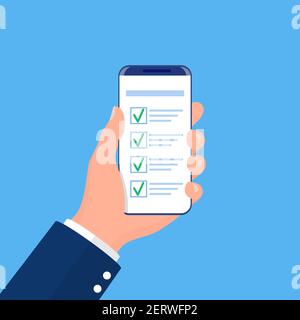 Lo smartphone è dotato di una lista di controllo completa con segni di spunta Illustrazione Vettoriale