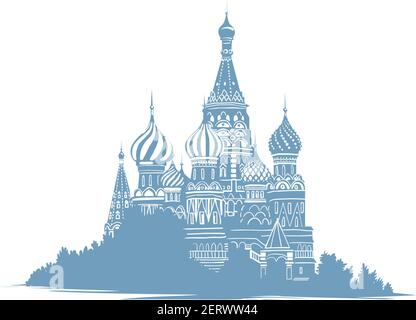 Illustrazione disegnata a mano della Cattedrale di San Basile a Mosca, Russia. Luoghi di interesse russi. Chiesa ortodossa. Silhouette monocromatica in blu su Illustrazione Vettoriale