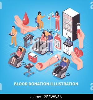 Donazione e sangue banca personale medico e attrezzature su blu illustrazione vettoriale isometrica di sfondo Illustrazione Vettoriale