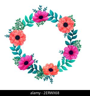 Cornice circolare floreale. Fiori tropicali modello alla moda. Summer Design con bellissimi fiori e foglie con spazio di copia su sfondo bianco. Invito Illustrazione Vettoriale