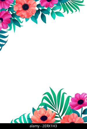 cornice floreale, angolo trendy design tropicale. Vertical Design con bellissimi fiori tropicali e spazio copia su sfondo bianco. Invito, matrimonio gre Illustrazione Vettoriale