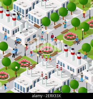 Illustrazione isometrica in 3D del quartiere della città con le case Illustrazione Vettoriale