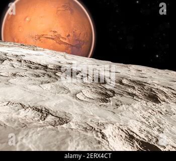 Vista di Marte visto da Phobos, Deimos le due lune di Marte, satelliti naturali che orbitano intorno al pianeta Rosso. Esplorazione. Scoperte. rendering 3d Foto Stock