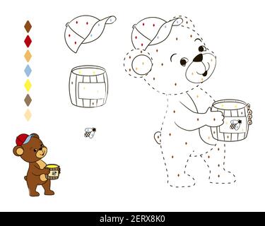 Libro da colorare per i bambini, cucciolo di orso divertente che tiene un barile di miele con un adesivo dell'ape. Illustrazione vettoriale, colorazione per numeri, cartoon Illustrazione Vettoriale