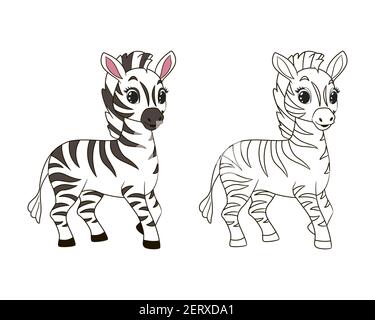 Poco divertente colorazione zebra per i bambini. Illustrazione vettoriale in stile cartoon, disegno lineare isolato Illustrazione Vettoriale