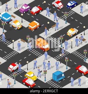 Isometric Street Crossroads illustrazione 3D del quartiere della città Illustrazione Vettoriale