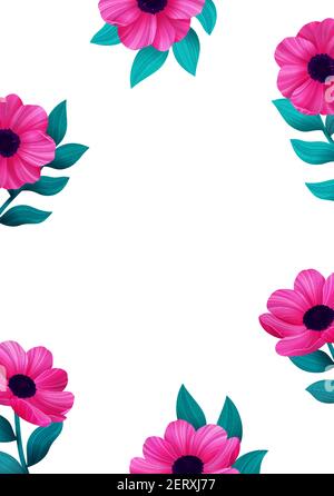 Fiori magici modello alla moda. Bel giardino selvaggio design. Vertical Design con bellissimi anemoni e spazio di copia su sfondo bianco per l'invito Illustrazione Vettoriale
