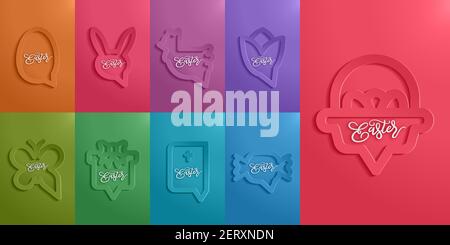 Felice pasqua celebrazione carta taglio stile carta. Testo bolla e bolla di linguaggio icona e tipografia logotipo illustrazione concetto colorato. Illustrazione Vettoriale