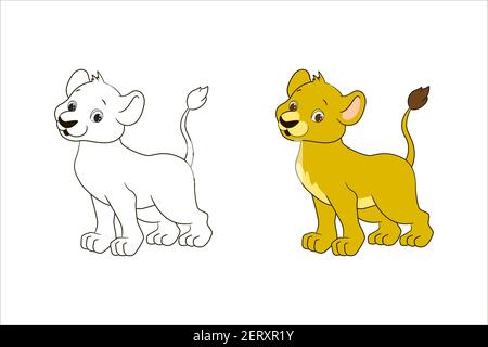 Libro da colorare per numeri, per colore per bambini, leone piccolo, linea punteggiata. Illustrazione vettoriale in stile cartoon, disegno lineare isolato Illustrazione Vettoriale
