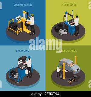 Set di concetto di progettazione 2x2 per la produzione di pneumatici di ruote equilibranti per vulcanizzazione cambiare le composizioni quadrate illustrazione vettoriale isometrica Illustrazione Vettoriale