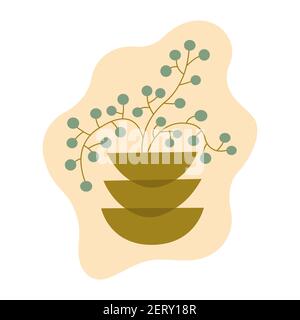 Arte astratta forma e pianta in ciotole pittura sfondo. Fiore in vaso. Arte moderna trendy colorata boho vettore illustrazione disegnata a mano isolato Illustrazione Vettoriale