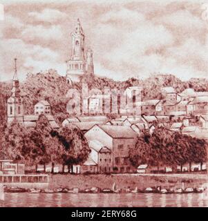 Panorama di Zemun con la torre di Janko Sibinjanin su Gardoš. Illustrazione per grafica artistica Foto Stock