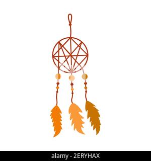 Dreamcatcher con tre piume. Amuleto protettivo contro insonnia e incubi. Colorato vettore illustrazione isolato in boho colori, etnico symb Illustrazione Vettoriale