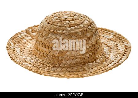 Cappello di paglia rotondo, vista laterale, isolato su sfondo bianco Foto Stock