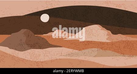 Composizione paesaggistica minimalista. Grafica moderna di metà secolo. grafica funky retrò anni '70. Grunge texture. Concetto di viaggio e turismo. Design per m sociale Illustrazione Vettoriale