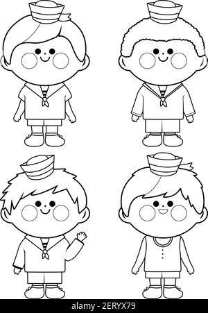 Ragazzi marinai. Pagina vettoriale in bianco e nero Illustrazione Vettoriale