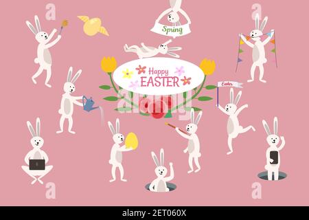 Set di simpatici conigli di cartone animato pasquale ed elementi di design. Coniglietto pasquale, uova e fiori. Illustrazione vettoriale. Illustrazione Vettoriale