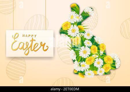 Felice coniglio di Pasqua da fiori colorati primavera camomilla, dandelions, modello banner, scritte, decorato realistico. Poster delle vacanze primaverili Illustrazione Vettoriale