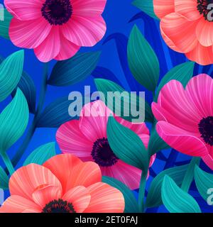 Luminoso sfondo tropicale con fiori di rosa e corallo. Bellissimi anemoni e foglie su sfondo blu Illustrazione Vettoriale