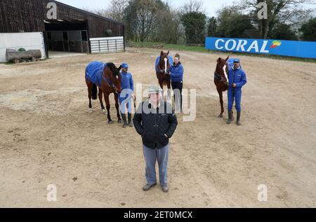 Allenatore Colin Tizzard con Lostintranslation (a sinistra), Native River (centro) e The Big Breakaway durante la visita alla scuderia di Colin Tizzard presso la Spurles Farm, porto di Milborne. Data immagine: Lunedì 1 marzo 2021. Foto Stock