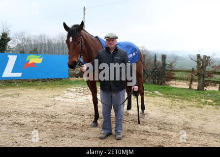 Allenatore Colin Tizzard con Lostintranslation durante la visita alla scuderia di Colin Tizzard presso la Spurles Farm, porto di Milborne. Data immagine: Lunedì 1 marzo 2021. Foto Stock