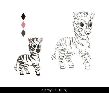 Piccola divertente colorazione zebra con linea punteggiata per illustrazione toddlers.Vector in stile cartoon, linea d'arte isolata Illustrazione Vettoriale