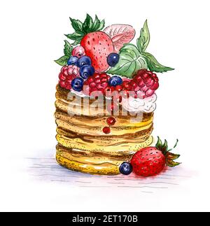 Torta e cupcake decorata con frutti di bosco, fragole. Illustrazione di acquerello disegnata a mano. Foto Stock