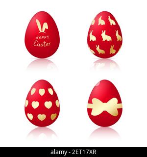 Set di uova di Pasqua. Illustrazione vettoriale di belle uova di Pasqua realistiche rosse e dorate isolate su sfondo bianco. Illustrazione Vettoriale